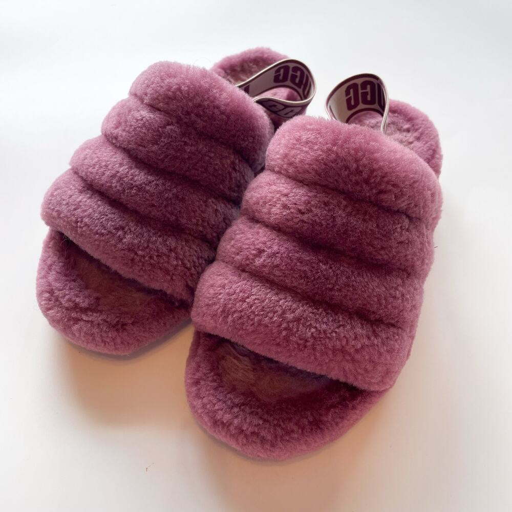 Women's UGG Fluff Yeah Purple Pink Shearling Slide Slipper Sandals Size 7